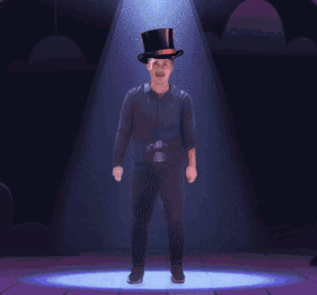 a man is standing in a spotlight with a hat on his head
