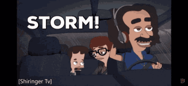 a cartoon of a man driving a car with the word storm written on the screen