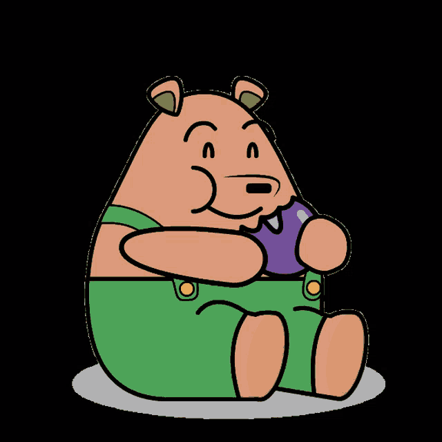 a cartoon of a bear wearing green overalls and holding a purple object