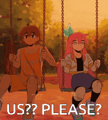 a man and a girl are sitting on swings with the words " us please " written below them