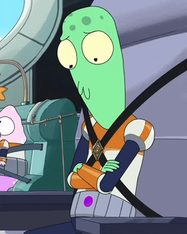 a cartoon character is wearing a seat belt and has a purple circle on his belt