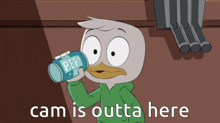 a cartoon character holding a can of pepsi with the caption cam is outta here