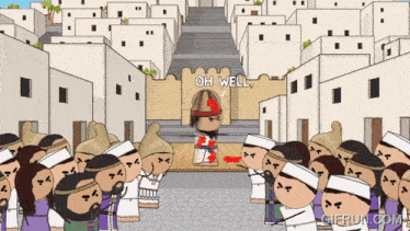 a cartoon of a group of people standing in front of a wall with oh well written on it
