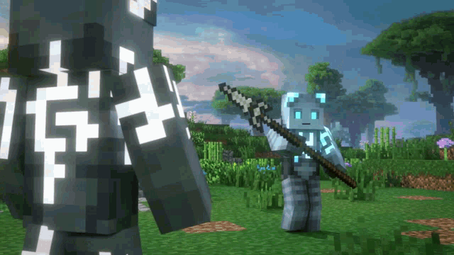 two minecraft characters are standing next to each other with one holding a sword