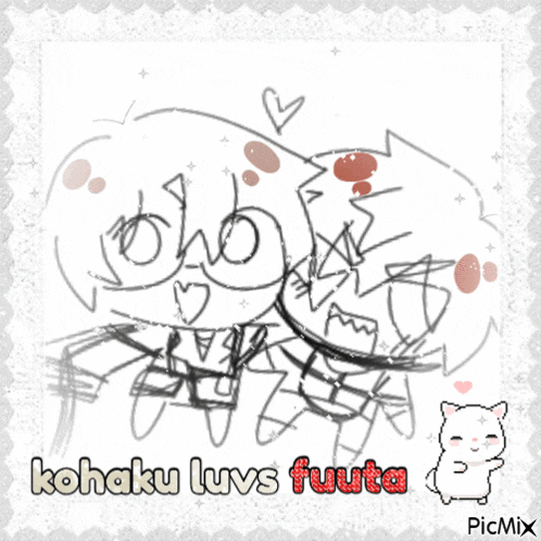 a black and white drawing of a couple with the words kohaku luvs fuuta