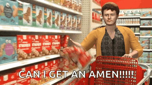 a woman pushing a shopping cart in a grocery store with the words can i get an amen written on the bottom