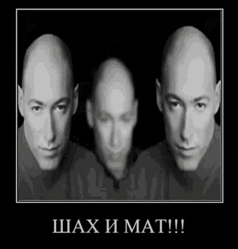a black and white photo of three bald men with the caption shax i mat !!