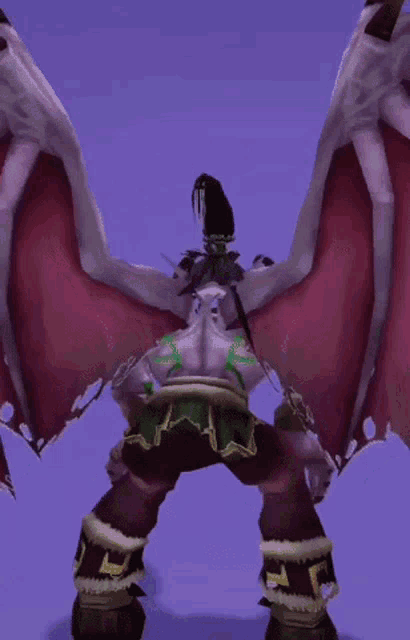 a video game character with a purple background and a purple wing
