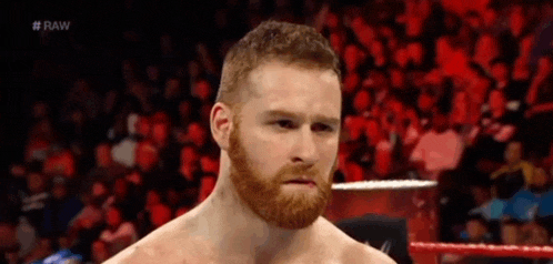 a man with a beard is standing in a wrestling ring with a crowd behind him .