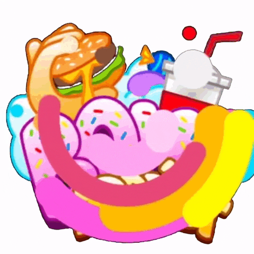 a cartoon drawing of a donut with a hamburger and a drink