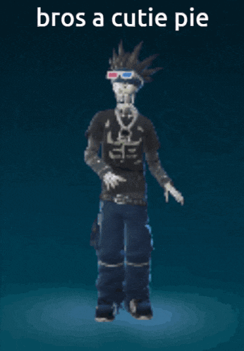 a picture of a skeleton wearing 3d glasses with the words bros a cutie pie above him