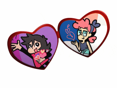 two hearts with cartoon characters on them