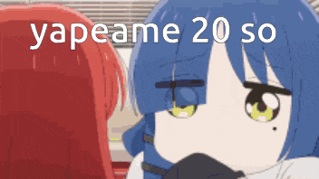 a cartoon of a girl with blue hair talking to another girl .