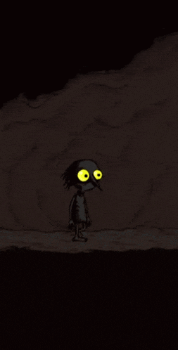 a cartoon character with large yellow eyes is standing in the dark .
