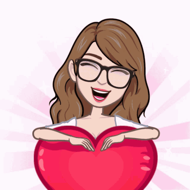 a cartoon of a woman with glasses holding a red heart