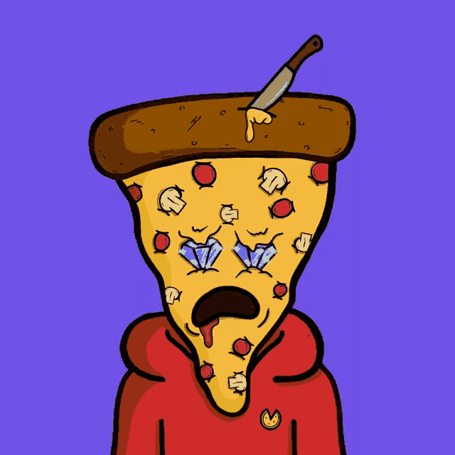 a cartoon drawing of a slice of pizza with a knife in it 's head