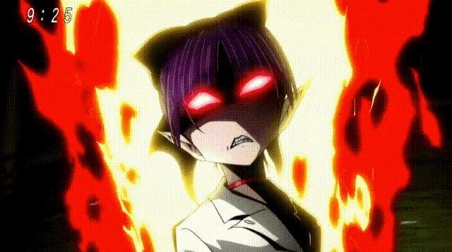 a cartoon character with purple hair and red eyes with the time 9:25