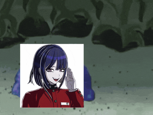 a picture of a girl with blue hair and a red jacket with the letter o on the sleeve