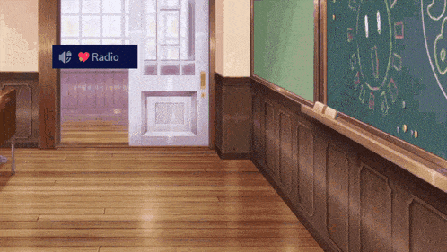 a classroom with a chalkboard and a sign that says radio