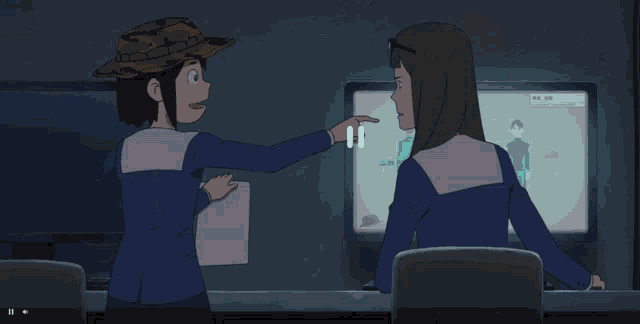 a cartoon of two girls sitting in front of a computer