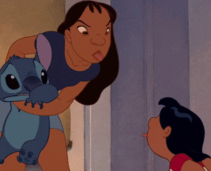 a cartoon of a woman holding a stuffed animal while talking to stitch