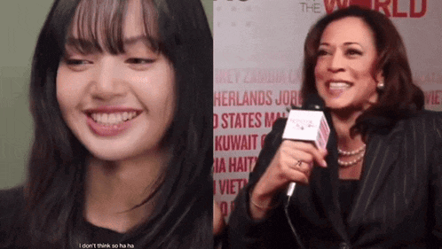 a woman is smiling next to a woman holding a microphone that says " i don t think so ha ha "
