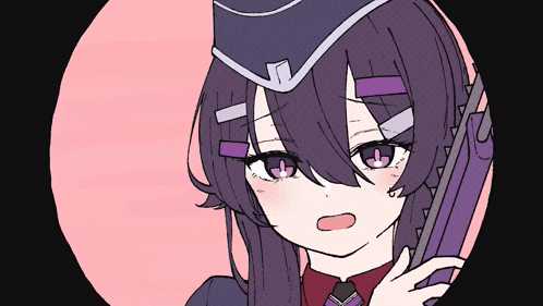 a girl with purple hair is holding a gun