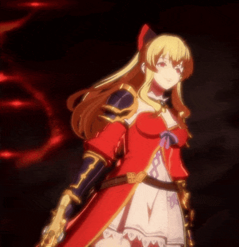 a girl in a red dress is holding a gun in her right hand