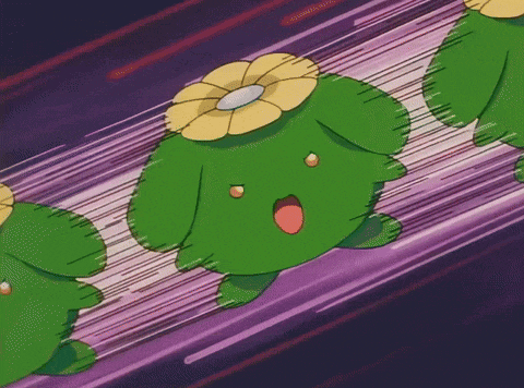 a green cartoon character with a flower on its head is running