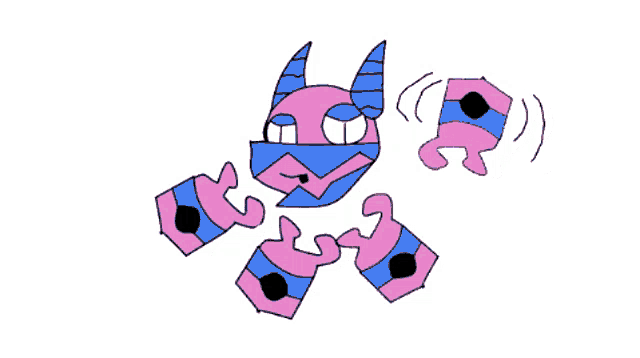 a cartoon drawing of a pink and blue monster