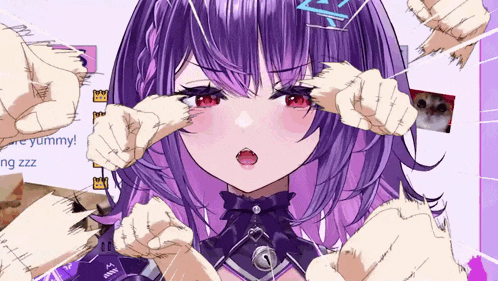 a girl with purple hair and red eyes is surrounded by many hands