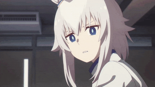 a girl with white hair and blue eyes is looking at something