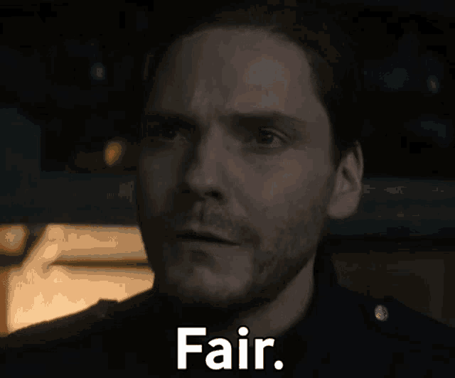 a man with a beard is looking at the camera with the words fair written on his face .