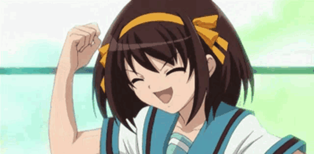 a close up of a anime girl with brown hair and a yellow headband .