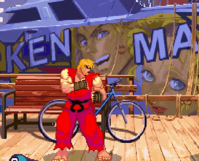 a pixel art of a man standing next to a bicycle with the word ken written on the wall behind him