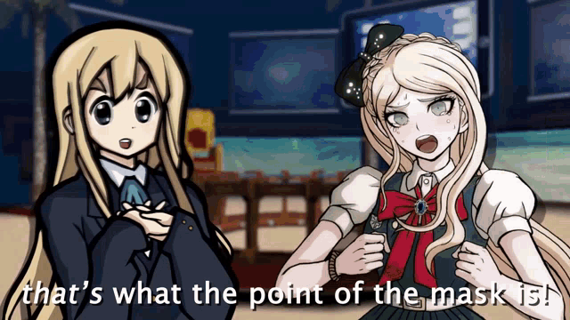 two anime girls are standing next to each other and the words that 's what the point of the mask is