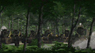 a painting of a group of military vehicles in the woods