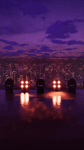 a girl in a white outfit is dancing in front of a city at night
