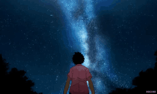 a man in a pink shirt stands in front of a starry night sky with the word hicbee below him