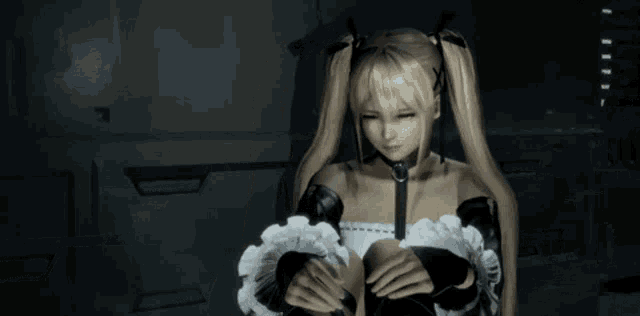 a girl with blonde hair and pigtails is wearing a black choker and a white dress .