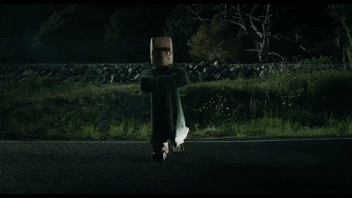 a person is flying over a road at night while a car is driving down it .
