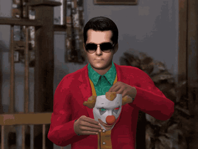 a man wearing a clown mask and a red suit