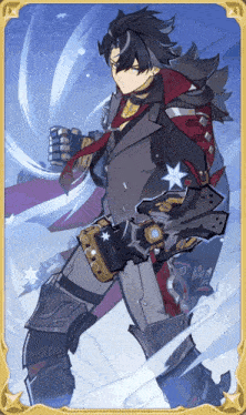 a man in armor is standing in the snow holding a gun in his hand .