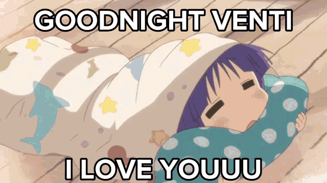 a cartoon of a girl wrapped in a blanket with the words goodnight venti i love youuu