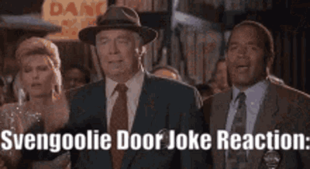 a group of people standing next to each other with the words svengoolie door joke reaction .