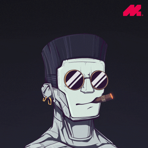 a cartoon drawing of a man smoking a cigar with the letter m in the background