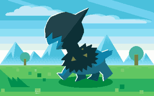 a pixel art drawing of a monster walking in a grassy field