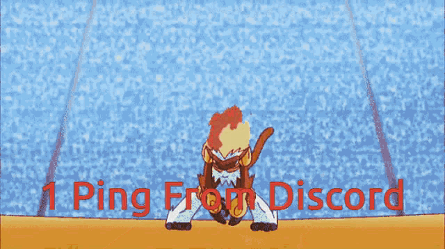 a cartoon character is standing in front of a crowd with the words " 1 ping from discord " below him