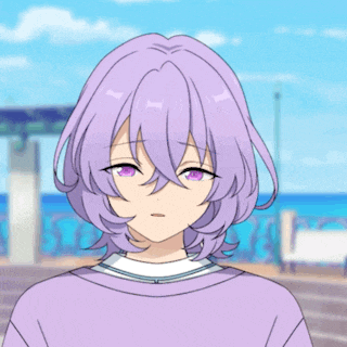 a girl with purple hair and purple eyes looks at the camera