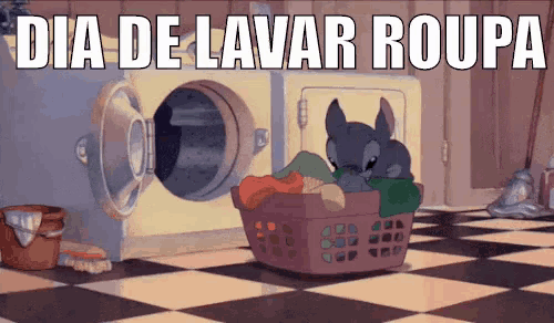a cartoon of stitch sitting in a laundry basket with dia de lavar roupa written on the bottom